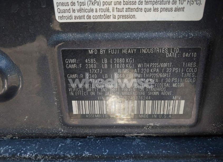 Photo 9 of 2010 Subaru Outback 2.5I LIMITED (VIN 4S4BRBKC2A3376244)