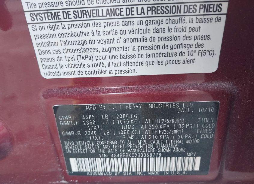 Photo 9 of 2011 Subaru Outback 2.5I LIMITED (VIN 4S4BRBKC2B3358778)