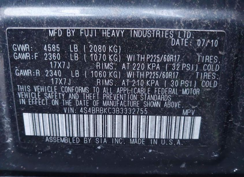 Photo 9 of 2011 Subaru Outback 2.5I LIMITED (VIN 4S4BRBKC3B3332755)