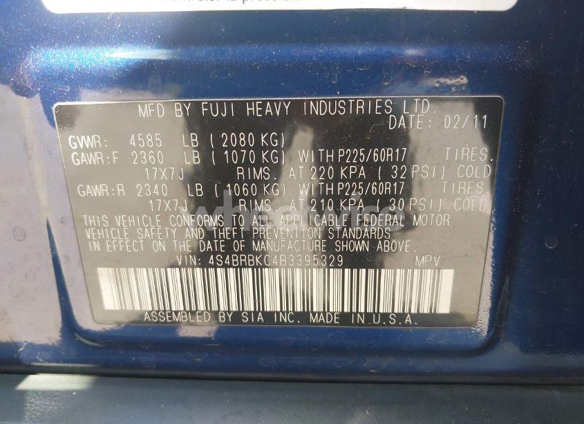 Photo 9 of 2011 Subaru Outback 2.5I LIMITED (VIN 4S4BRBKC4B3395329)