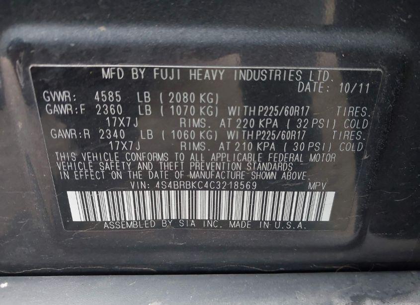 Photo 9 of 2012 Subaru Outback 2.5I LIMITED (VIN 4S4BRBKC4C3218569)