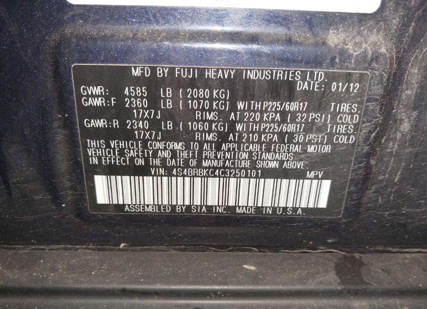 Photo 9 of 2012 Subaru Outback 2.5I LIMITED (VIN 4S4BRBKC4C3250101)