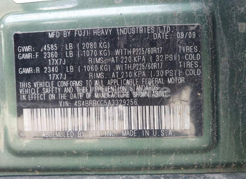 Photo 9 of 2010 Subaru Outback 2.5I LIMITED (VIN 4S4BRBKC5A3329256)