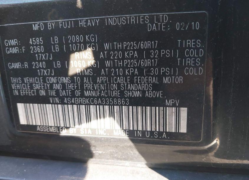 Photo 9 of 2010 Subaru Outback 2.5I LIMITED (VIN 4S4BRBKC6A3358863)