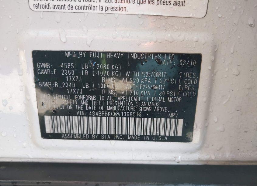 Photo 9 of 2010 Subaru Outback 2.5I LIMITED (VIN 4S4BRBKC6A3368518)