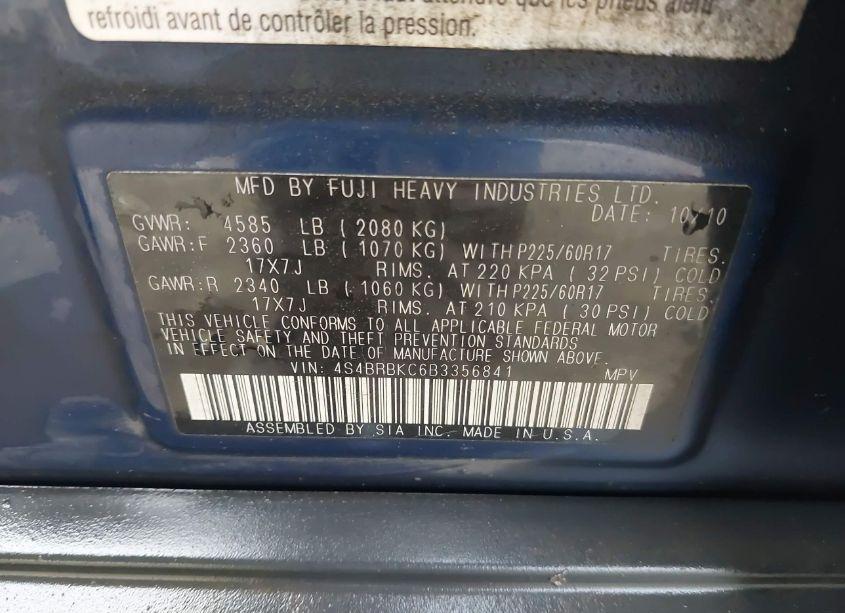 Photo 9 of 2011 Subaru Outback 2.5I LIMITED (VIN 4S4BRBKC6B3356841)