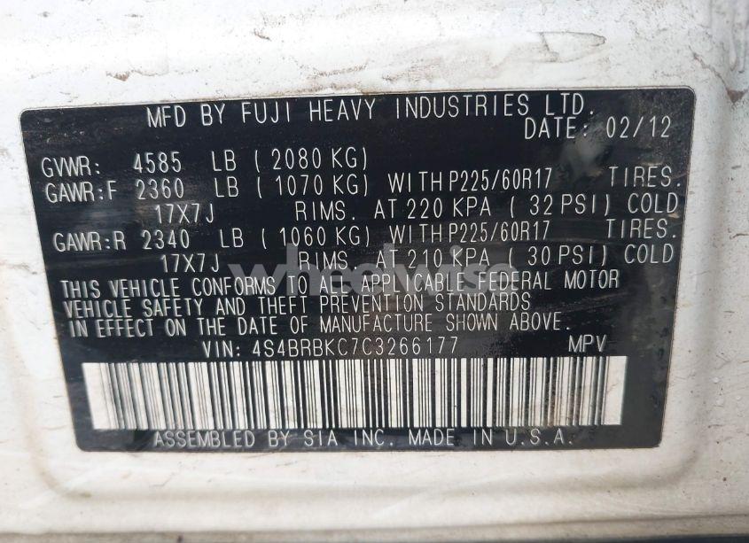 Photo 9 of 2012 Subaru Outback 2.5I LIMITED (VIN 4S4BRBKC7C3266177)