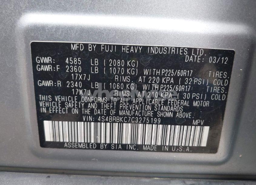 Photo 9 of 2012 Subaru Outback 2.5I LIMITED (VIN 4S4BRBKC7C3275199)