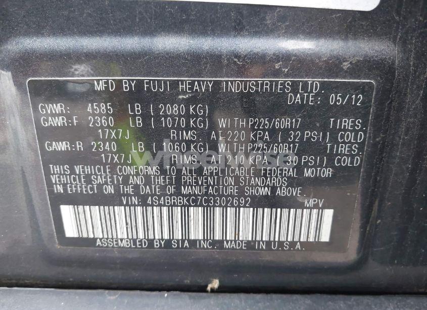 Photo 9 of 2012 Subaru Outback 2.5I LIMITED (VIN 4S4BRBKC7C3302692)