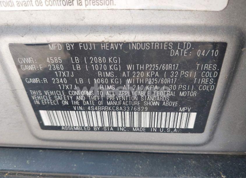 Photo 9 of 2010 Subaru Outback 2.5I LIMITED (VIN 4S4BRBKC8A3376829)