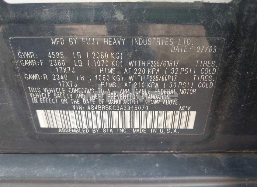 Photo 9 of 2010 Subaru Outback 2.5I LIMITED (VIN 4S4BRBKC9A3315070)