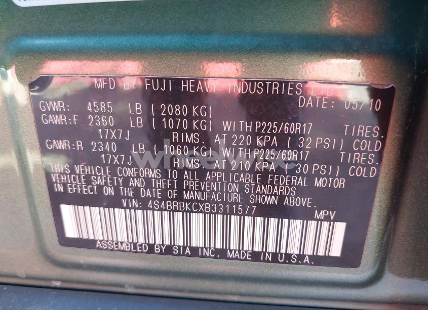 Photo 9 of 2011 Subaru Outback 2.5I LIMITED (VIN 4S4BRBKCXB3311577)