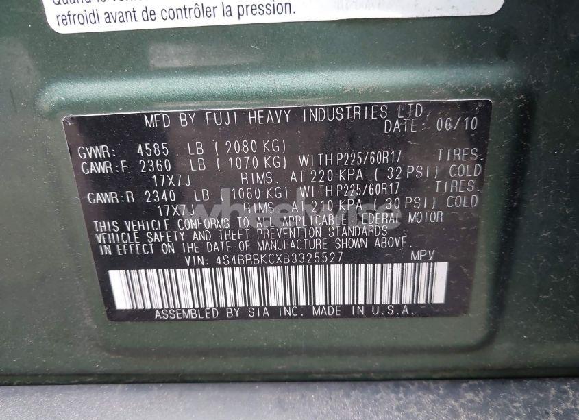 Photo 9 of 2011 Subaru Outback 2.5I LIMITED (VIN 4S4BRBKCXB3325527)