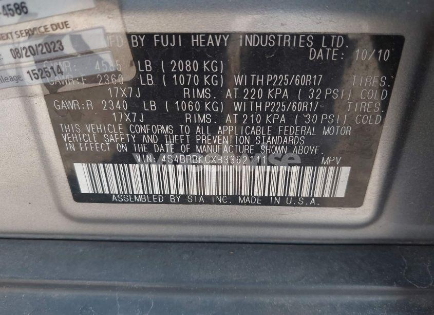 Photo 9 of 2011 Subaru Outback 2.5I LIMITED (VIN 4S4BRBKCXB3362111)