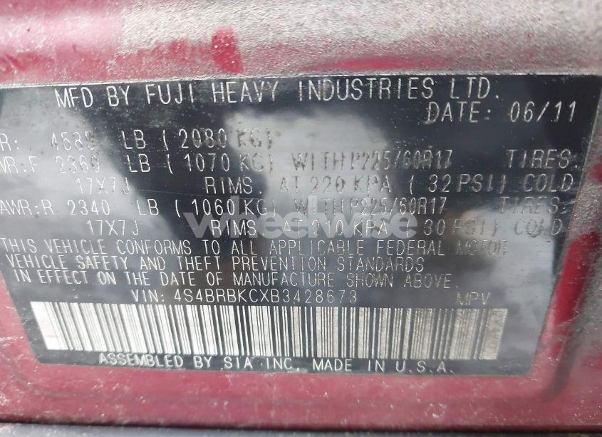 Photo 9 of 2011 Subaru Outback 2.5I LIMITED (VIN 4S4BRBKCXB3428673)