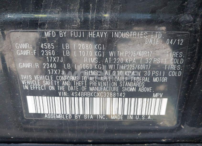 Photo 9 of 2012 Subaru Outback 2.5I LIMITED (VIN 4S4BRBKCXC3288142)