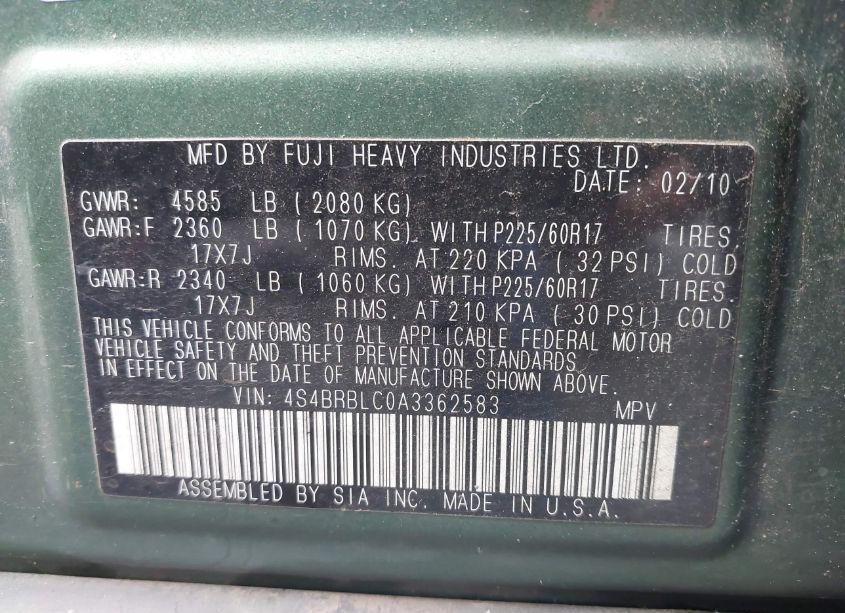 Photo 9 of 2010 Subaru Outback 2.5I LIMITED (VIN 4S4BRBLC0A3362583)