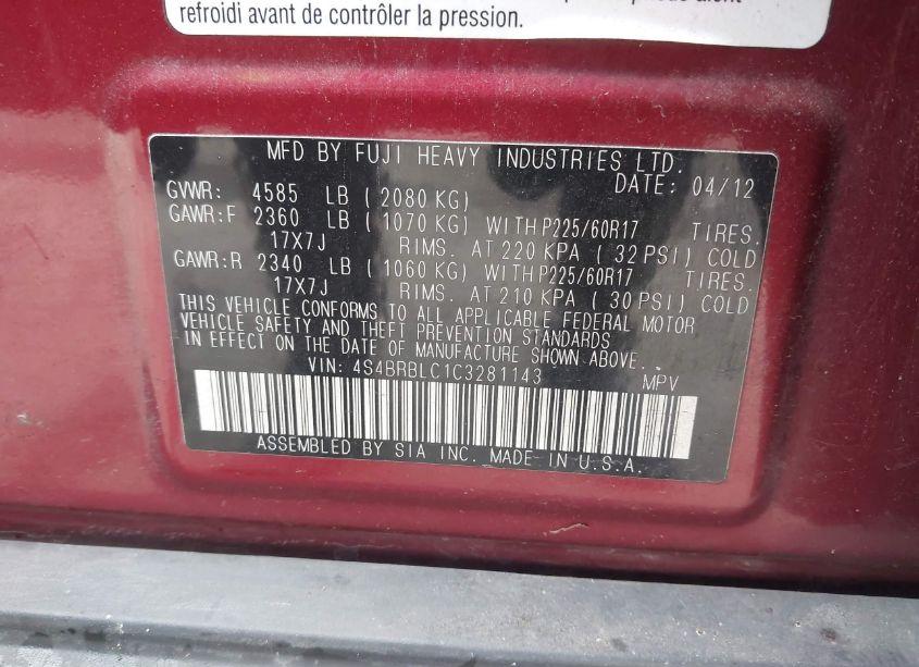 Photo 9 of 2012 Subaru Outback 2.5I LIMITED (VIN 4S4BRBLC1C3281143)