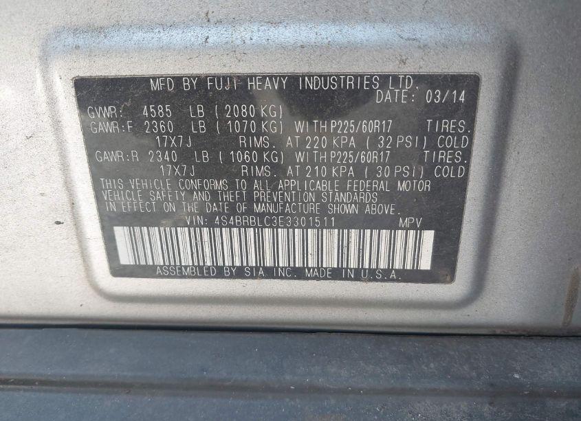 Photo 9 of 2014 Subaru Outback 2.5I LIMITED (VIN 4S4BRBLC3E3301511)