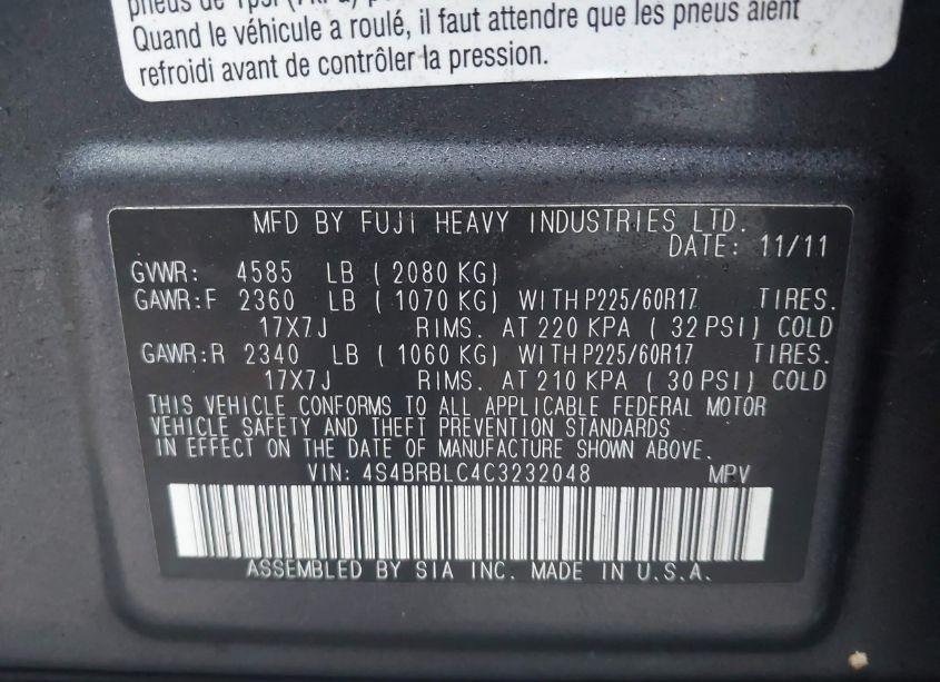 Photo 9 of 2012 Subaru Outback 2.5I LIMITED (VIN 4S4BRBLC4C3232048)