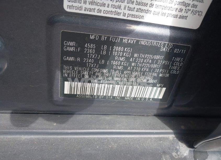 Photo 9 of 2011 Subaru Outback 2.5I LIMITED (VIN 4S4BRBLCXB3399500)