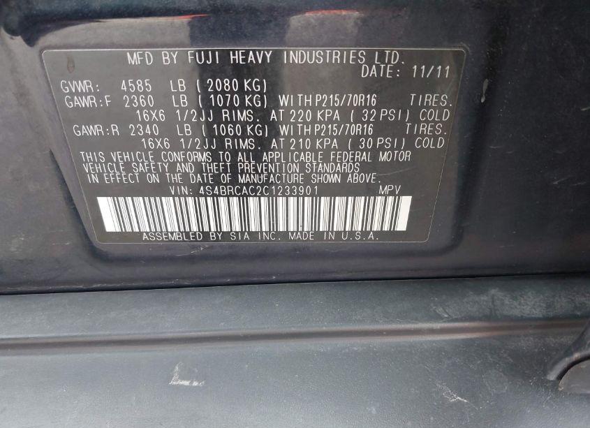 Photo 9 of 2012 Subaru Outback 2.5I (VIN 4S4BRCAC2C1233901)