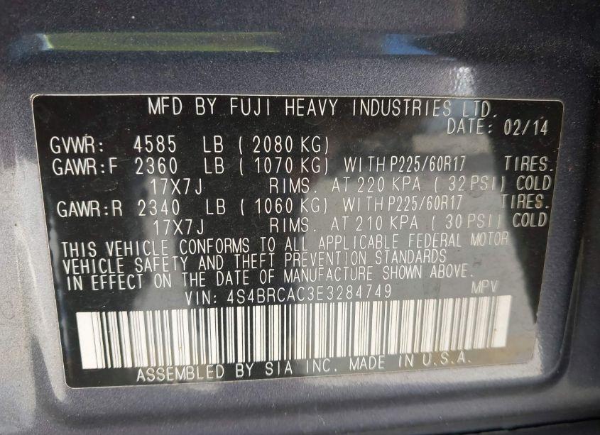 Photo 9 of 2014 Subaru Outback 2.5I (VIN 4S4BRCAC3E3284749)