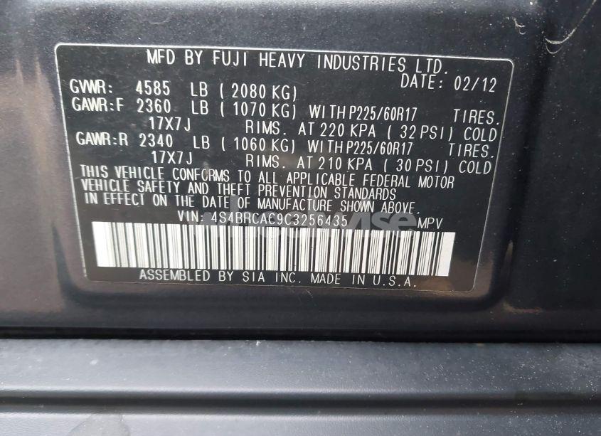 Photo 9 of 2012 Subaru Outback 2.5I (VIN 4S4BRCAC9C3256435)