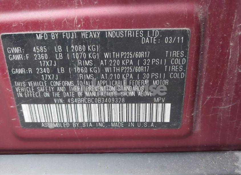 Photo 9 of 2011 Subaru Outback 2.5I PREMIUM (VIN 4S4BRCBC0B3409328)