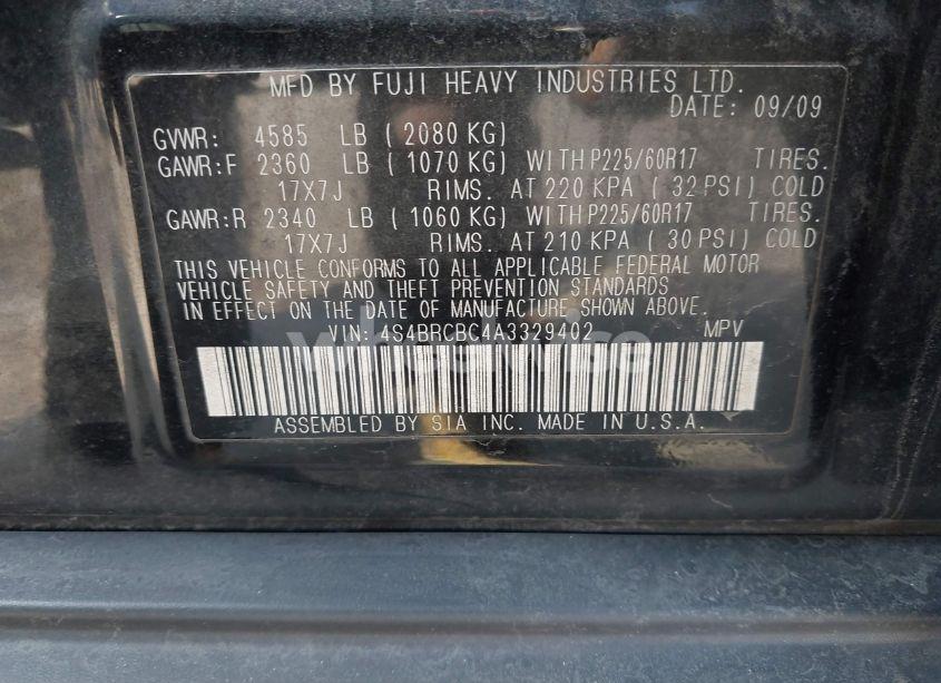 Photo 9 of 2010 Subaru Outback 2.5I PREMIUM (VIN 4S4BRCBC4A3329402)