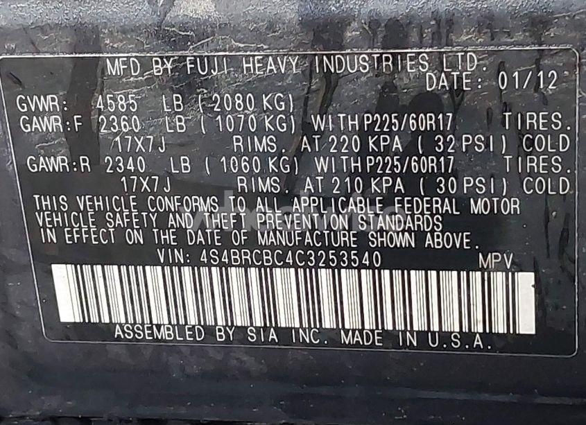 Photo 9 of 2012 Subaru Outback 2.5I PREMIUM (VIN 4S4BRCBC4C3253540)