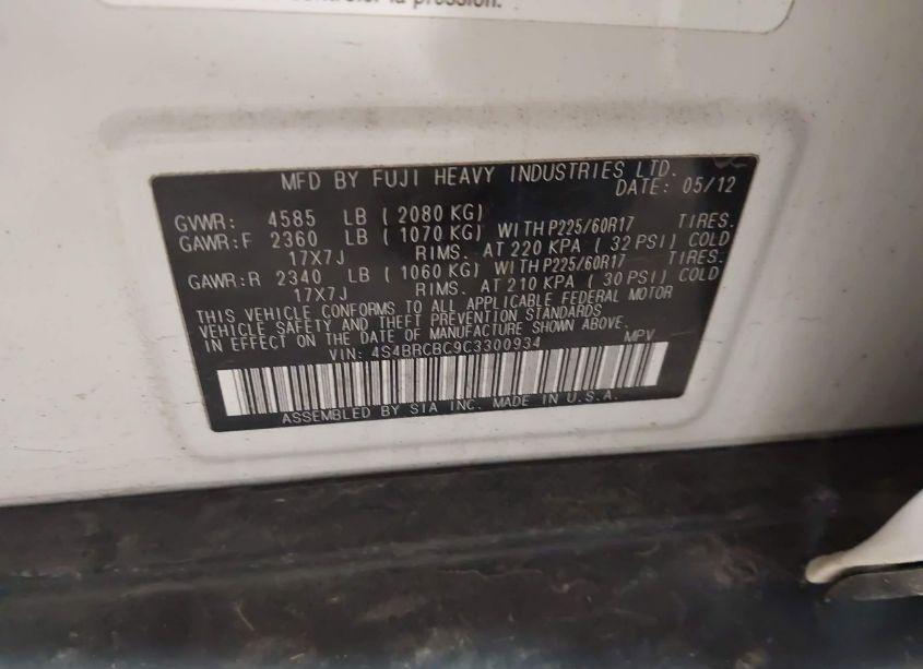 Photo 9 of 2012 Subaru Outback 2.5I PREMIUM (VIN 4S4BRCBC9C3300934)