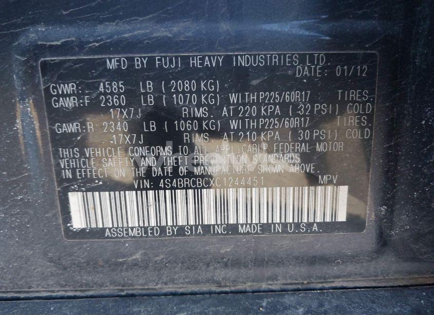 Photo 9 of 2012 Subaru Outback 2.5I PREMIUM (VIN 4S4BRCBCXC1244451)