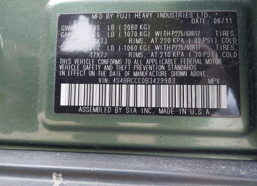 Photo 9 of 2011 Subaru Outback 2.5I PREMIUM (VIN 4S4BRCCC0B3429903)