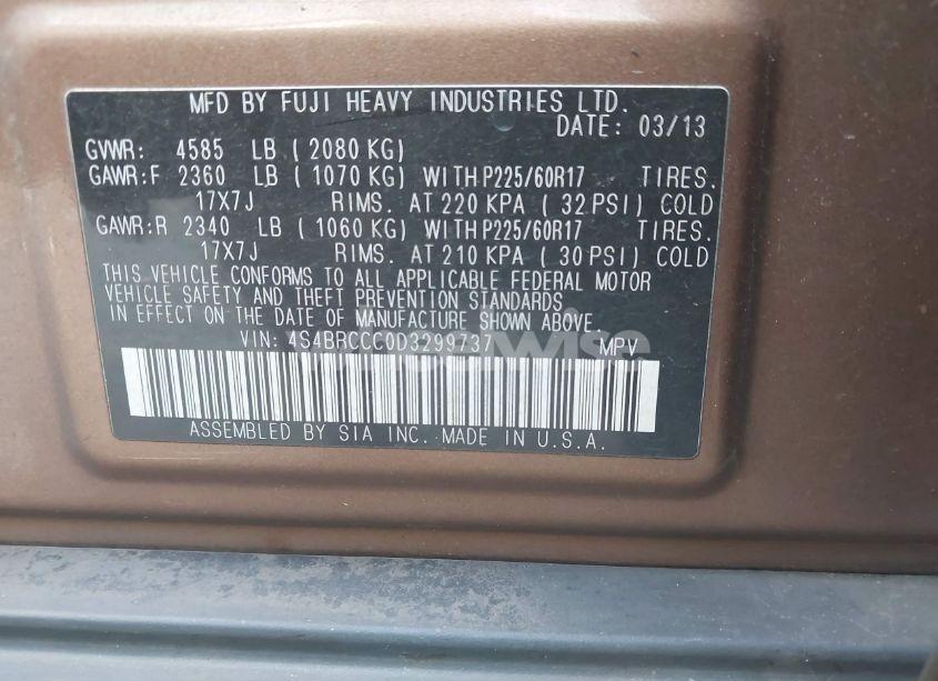 Photo 9 of 2013 Subaru Outback 2.5I PREMIUM (VIN 4S4BRCCC0D3299737)