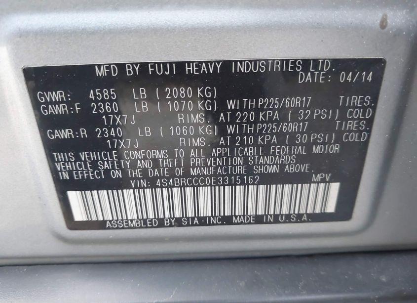 Photo 9 of 2014 Subaru Outback 2.5I PREMIUM (VIN 4S4BRCCC0E3315162)