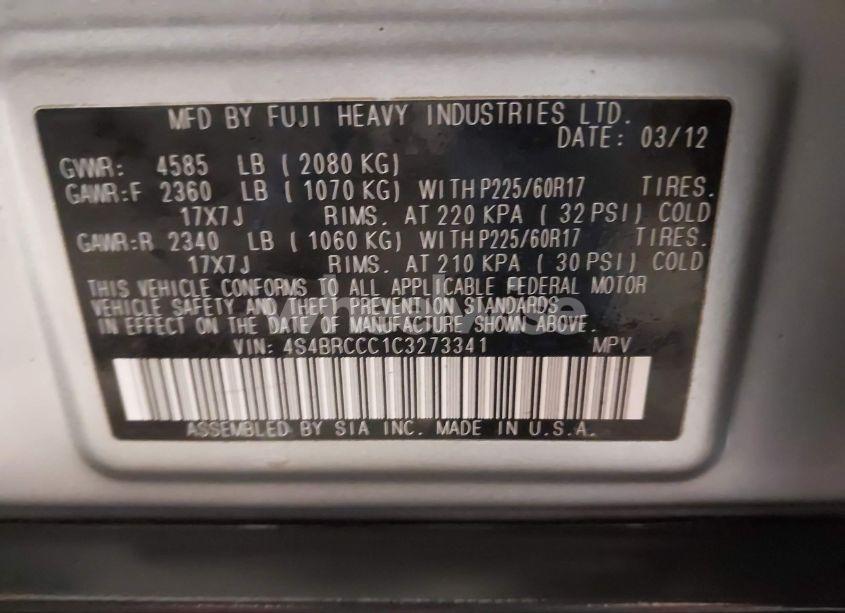 Photo 9 of 2012 Subaru Outback 2.5I PREMIUM (VIN 4S4BRCCC1C3273341)