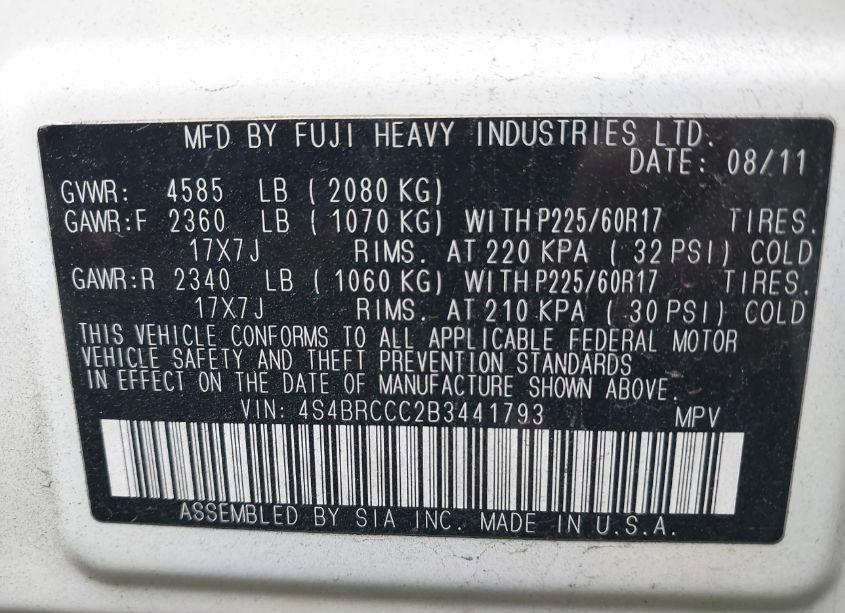 Photo 9 of 2011 Subaru Outback 2.5I PREMIUM (VIN 4S4BRCCC2B3441793)