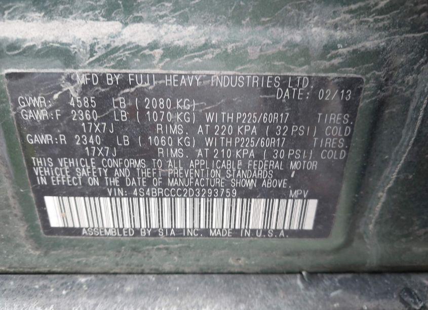 Photo 9 of 2013 Subaru Outback 2.5I PREMIUM (VIN 4S4BRCCC2D3293759)