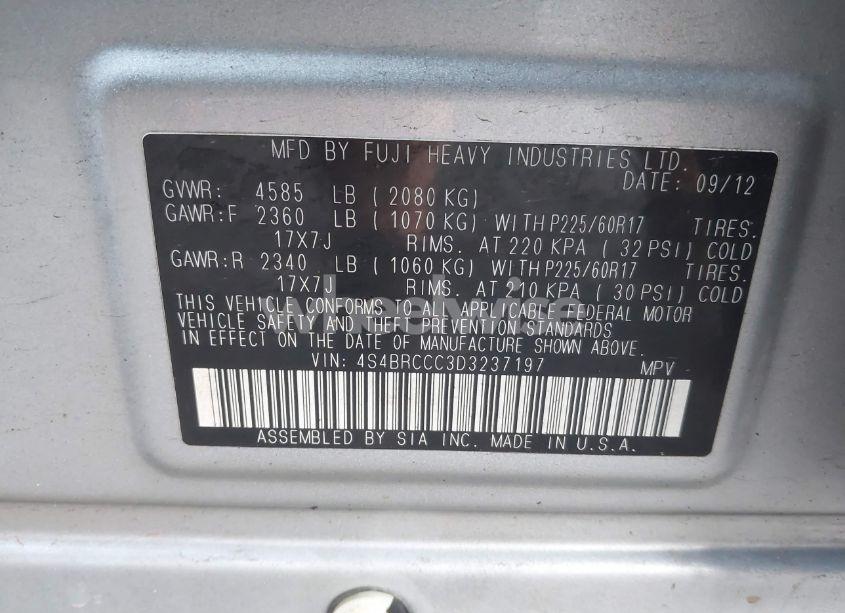 Photo 9 of 2013 Subaru Outback 2.5I PREMIUM (VIN 4S4BRCCC3D3237197)