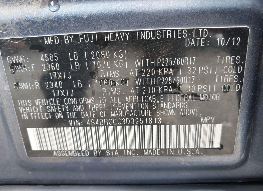 Photo 9 of 2013 Subaru Outback 2.5I PREMIUM (VIN 4S4BRCCC3D3251813)