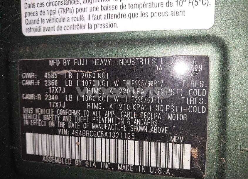 Photo 9 of 2010 Subaru Outback 2.5I PREMIUM (VIN 4S4BRCCC5A1321125)