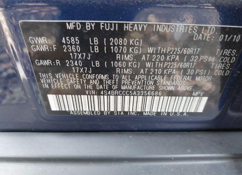 Photo 9 of 2010 Subaru Outback 2.5I PREMIUM (VIN 4S4BRCCC5A3356686)