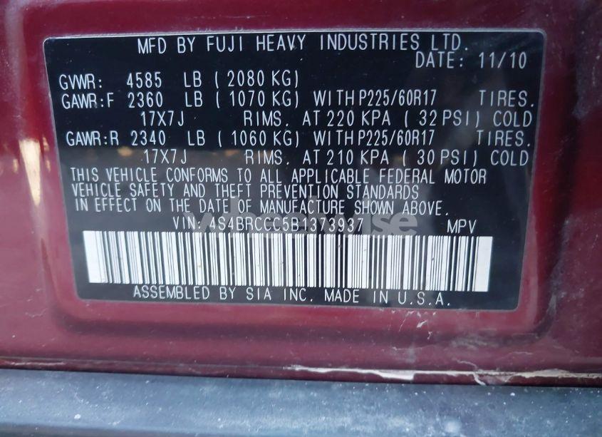 Photo 9 of 2011 Subaru Outback 2.5I PREMIUM (VIN 4S4BRCCC5B1373937)