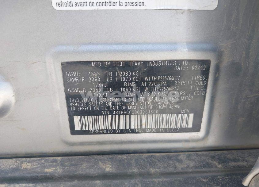 Photo 9 of 2012 Subaru Outback 2.5I PREMIUM (VIN 4S4BRCCC5C3261600)