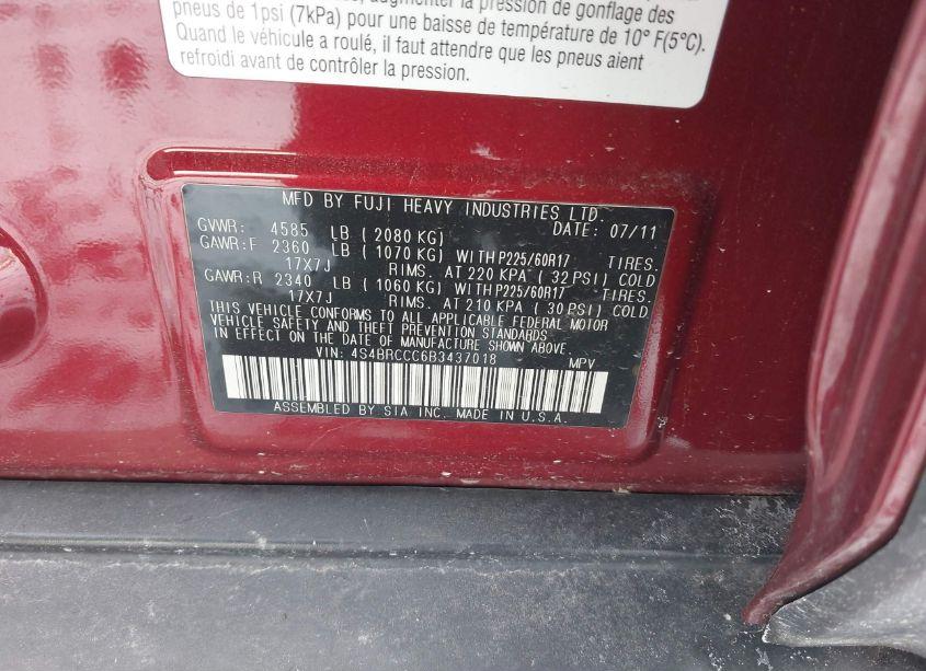 Photo 9 of 2011 Subaru Outback 2.5I PREMIUM (VIN 4S4BRCCC6B3437018)