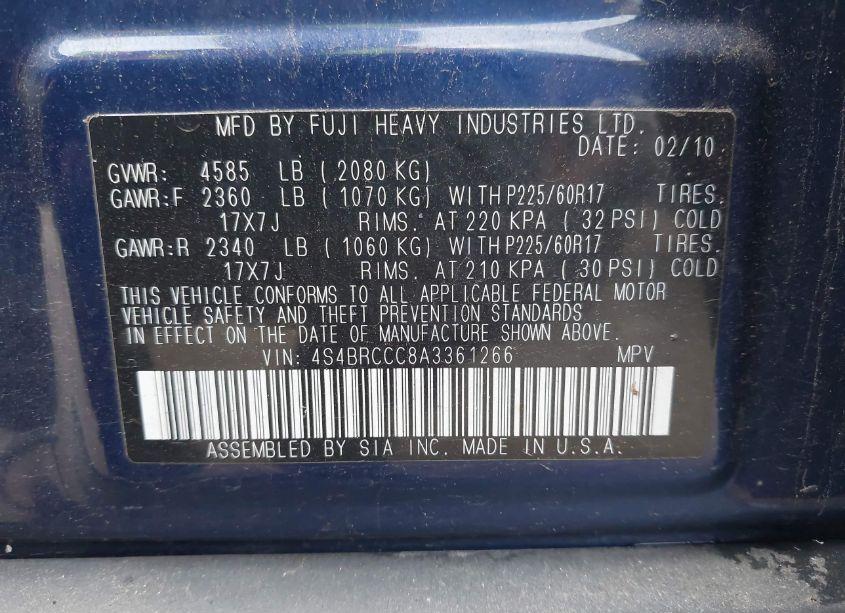 Photo 9 of 2010 Subaru Outback 2.5I PREMIUM (VIN 4S4BRCCC8A3361266)