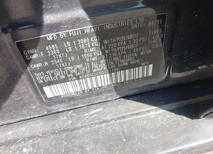 Photo 9 of 2013 Subaru Outback 2.5I PREMIUM (VIN 4S4BRCCC8D3311987)