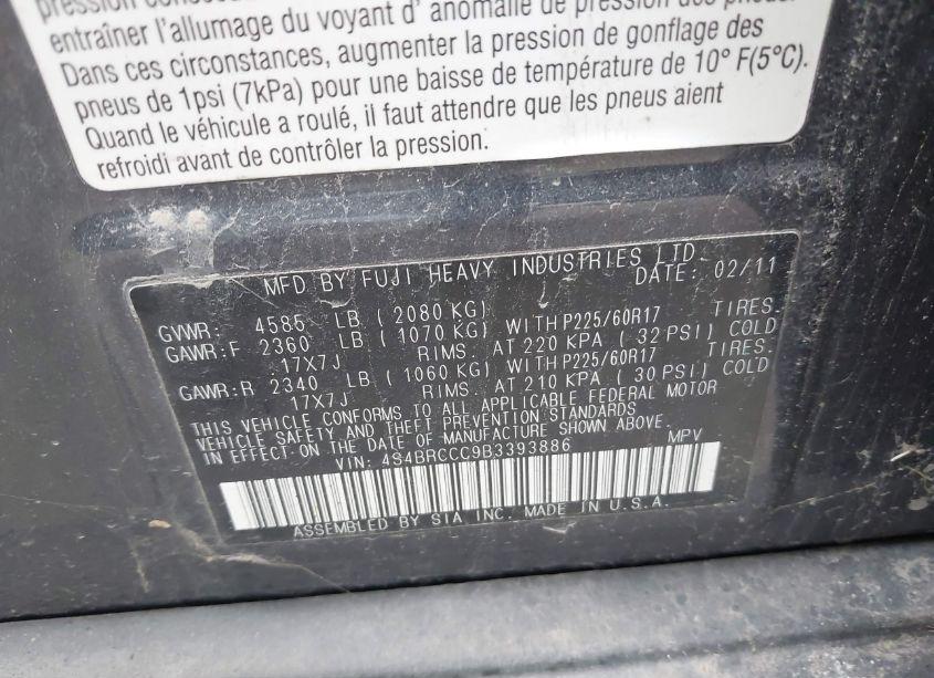 Photo 9 of 2011 Subaru Outback 2.5I PREMIUM (VIN 4S4BRCCC9B3393886)