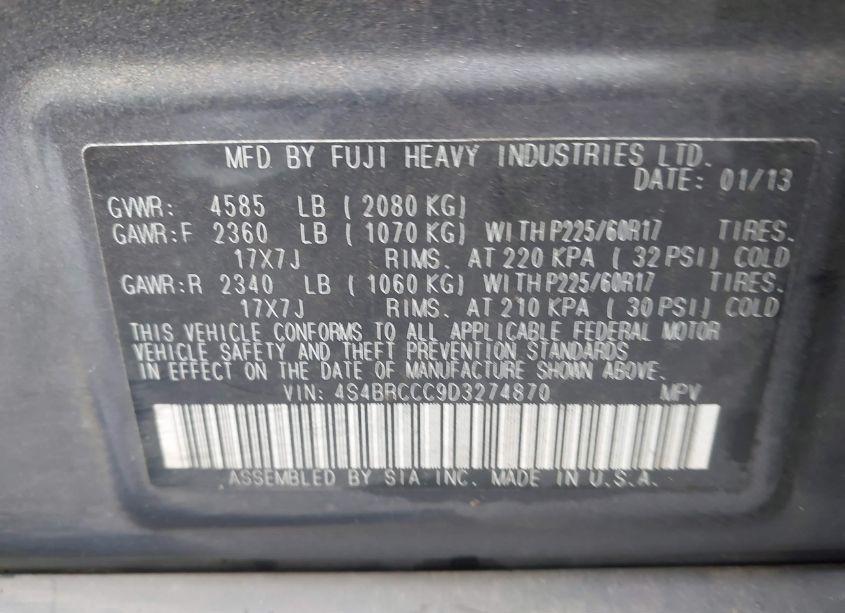 Photo 9 of 2013 Subaru Outback 2.5I PREMIUM (VIN 4S4BRCCC9D3274870)